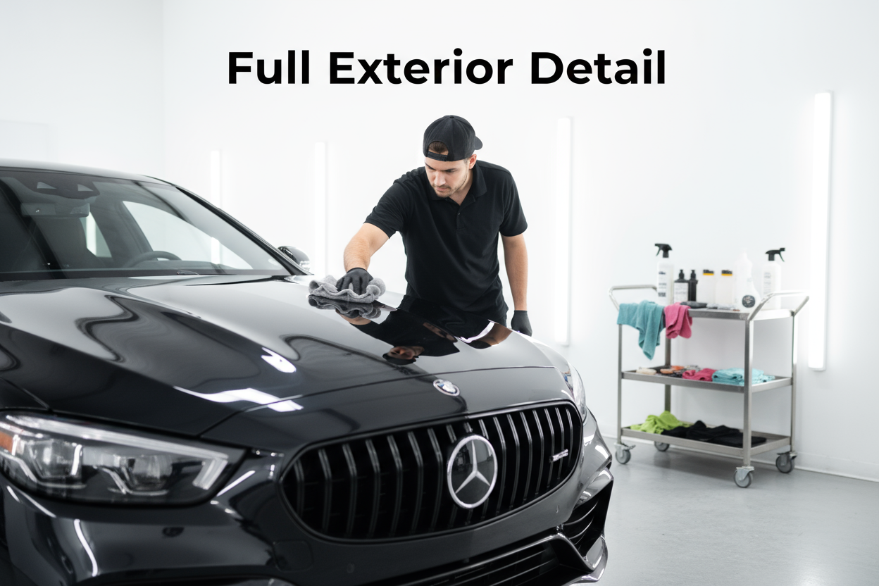 Create a image for my service Full Exterior Detail Requirements: Use a real car, Have the same guy from the other images cleaning the car and have Full Exterior Detail written on the image like the others