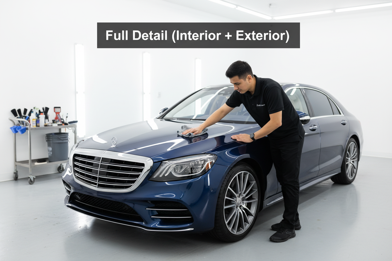 Create a image for my service Full Detail (Interior + Exterior) Requirements: Use a real car, Have the same guy from the other images cleaning the car and have Full Exterior Detail written on the image like the others